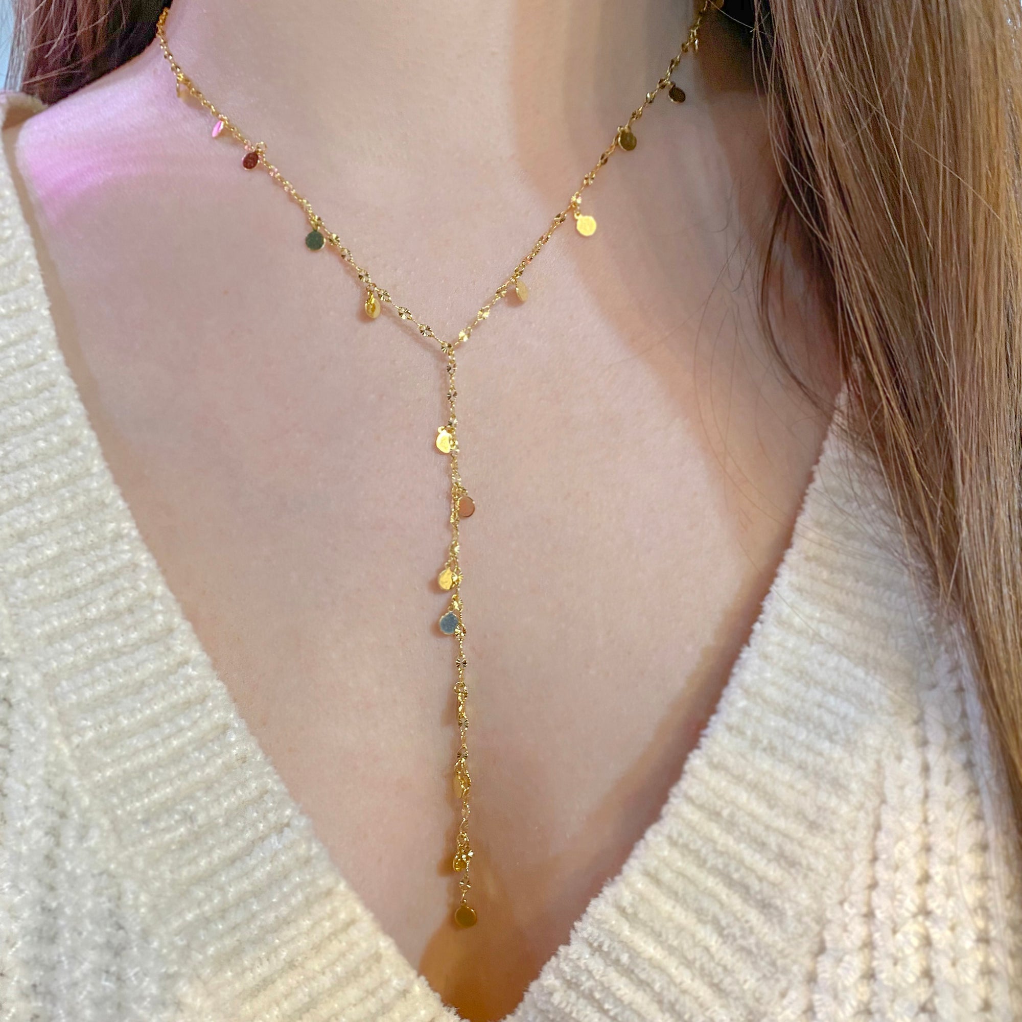 disc lariat necklace 14k gold plated 925 sterling silver