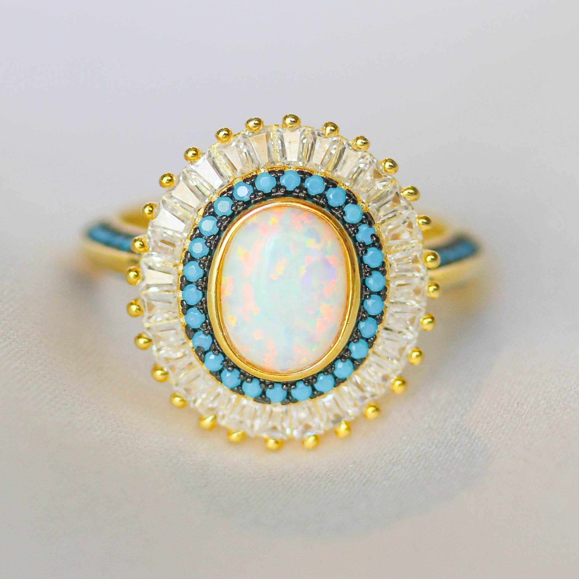 Art Deco Opal Baguette Ring Gold  Turquoise 925 sterling silver 14k gold plated cubic zirconia swarovski crystal