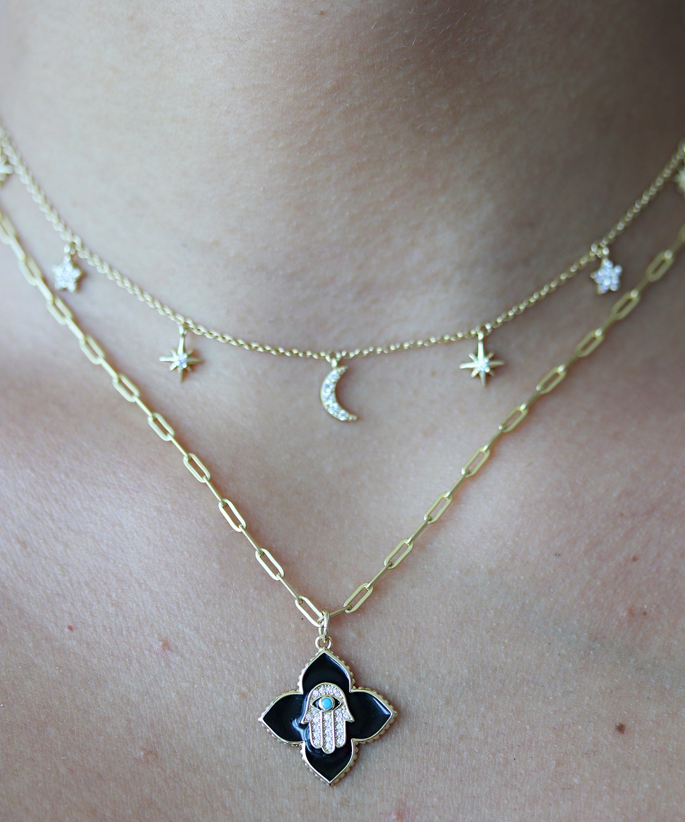 Enamel Hamsa Clover Necklace