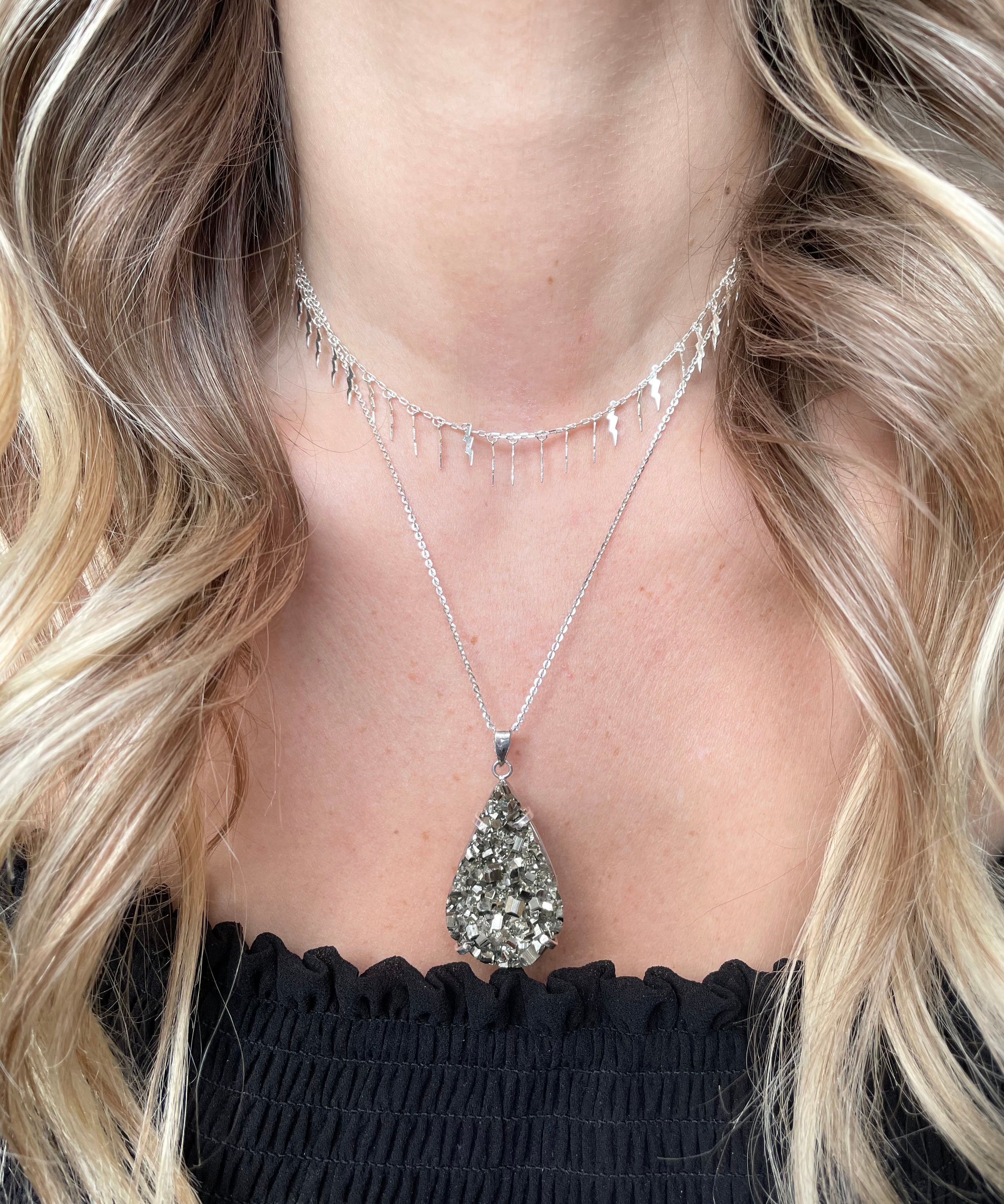 Large Pyrite Pendant Necklace - Silver Teardrop
