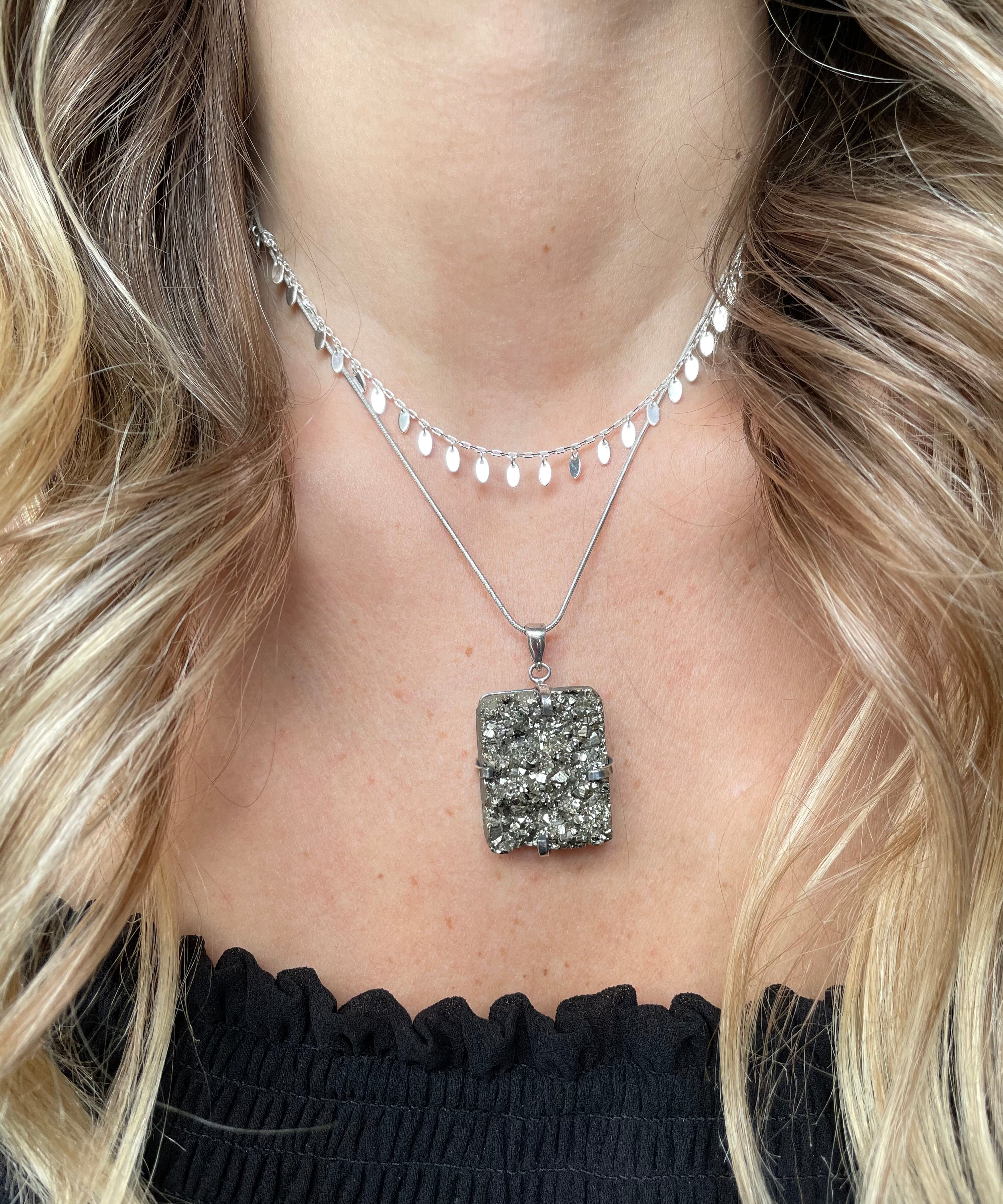 Large Pyrite Necklace - Silver Square