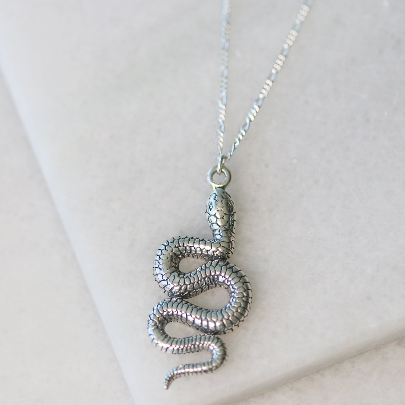 925 sterling silver etched snake necklace