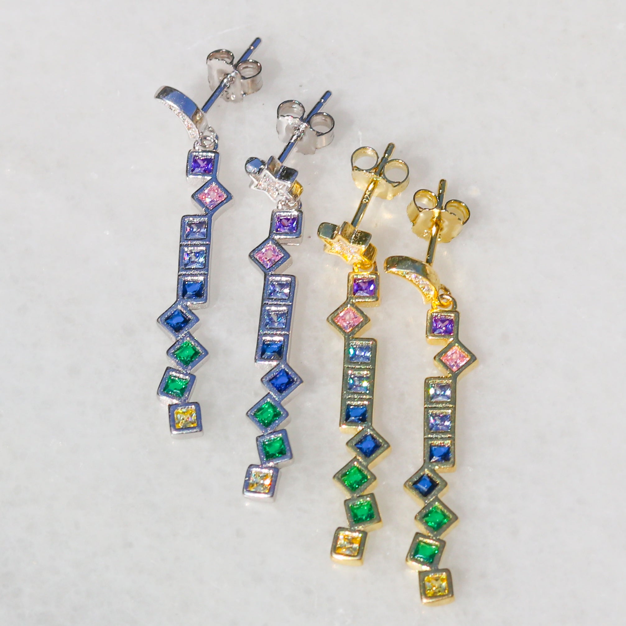 moon and star rainbow drop earrings swarovski crystals 14k gold plated 925 sterling silver