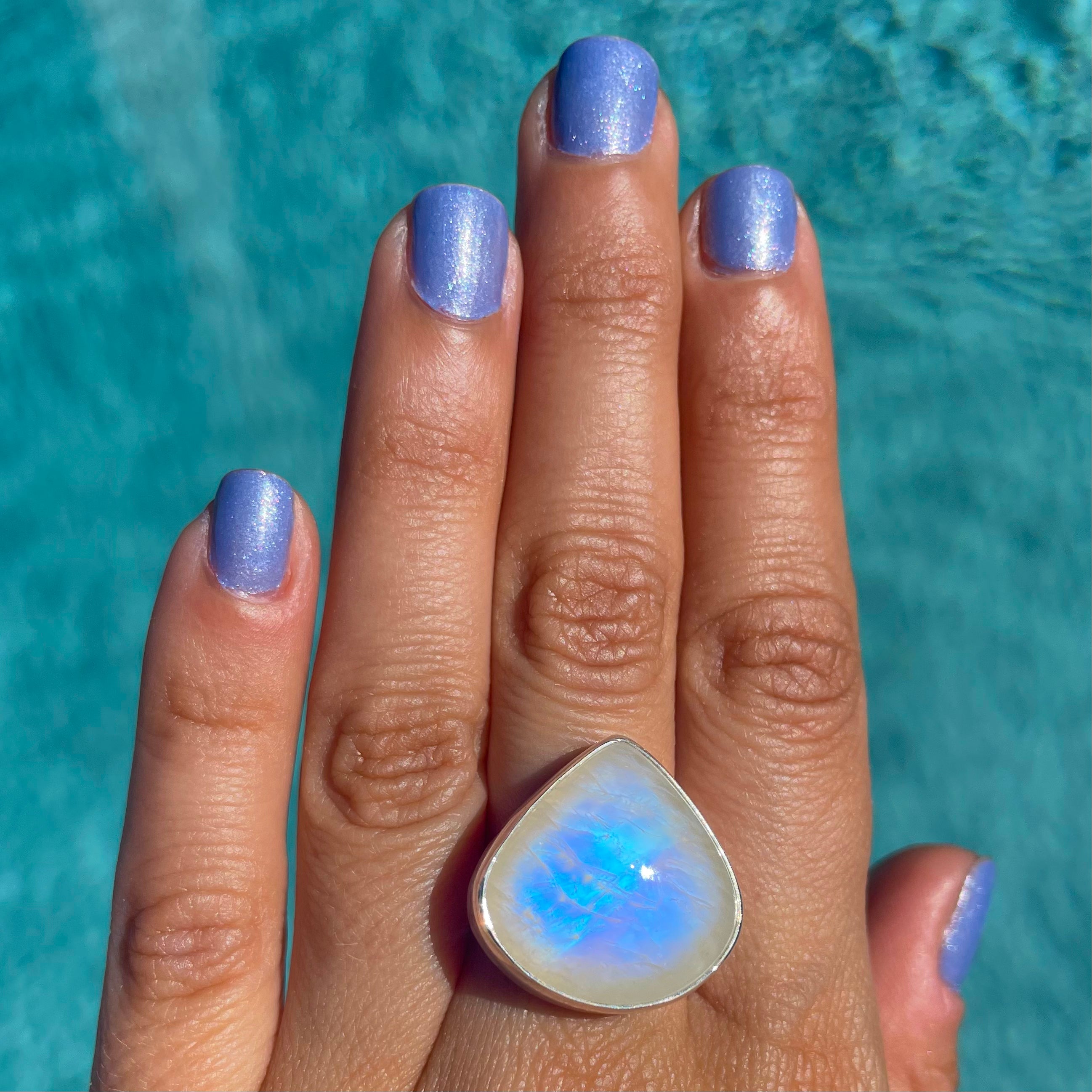 Rainbow Moonstone Short Teardrop Ring - Adjustable