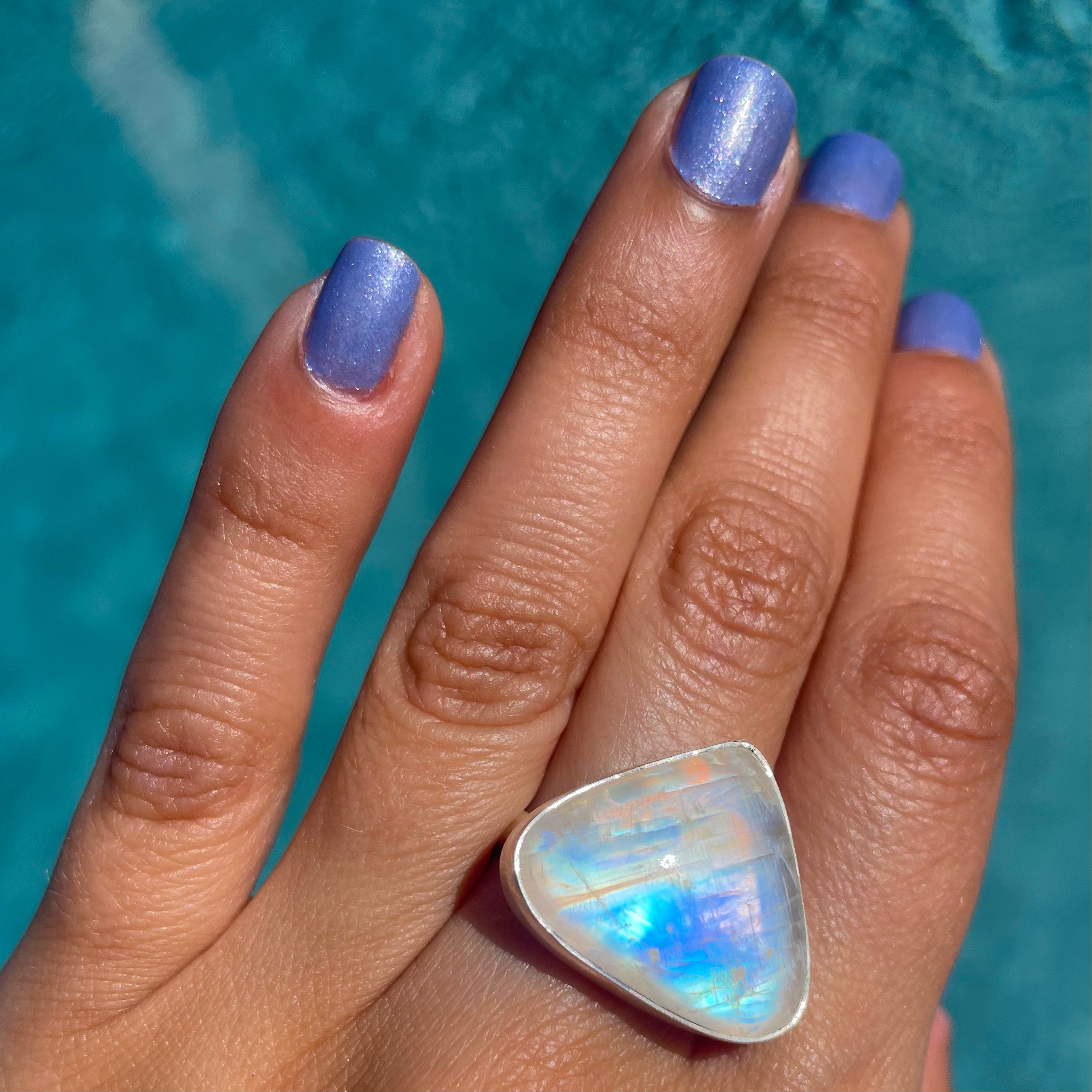 Rainbow Moonstone Short Teardrop Ring - Adjustable