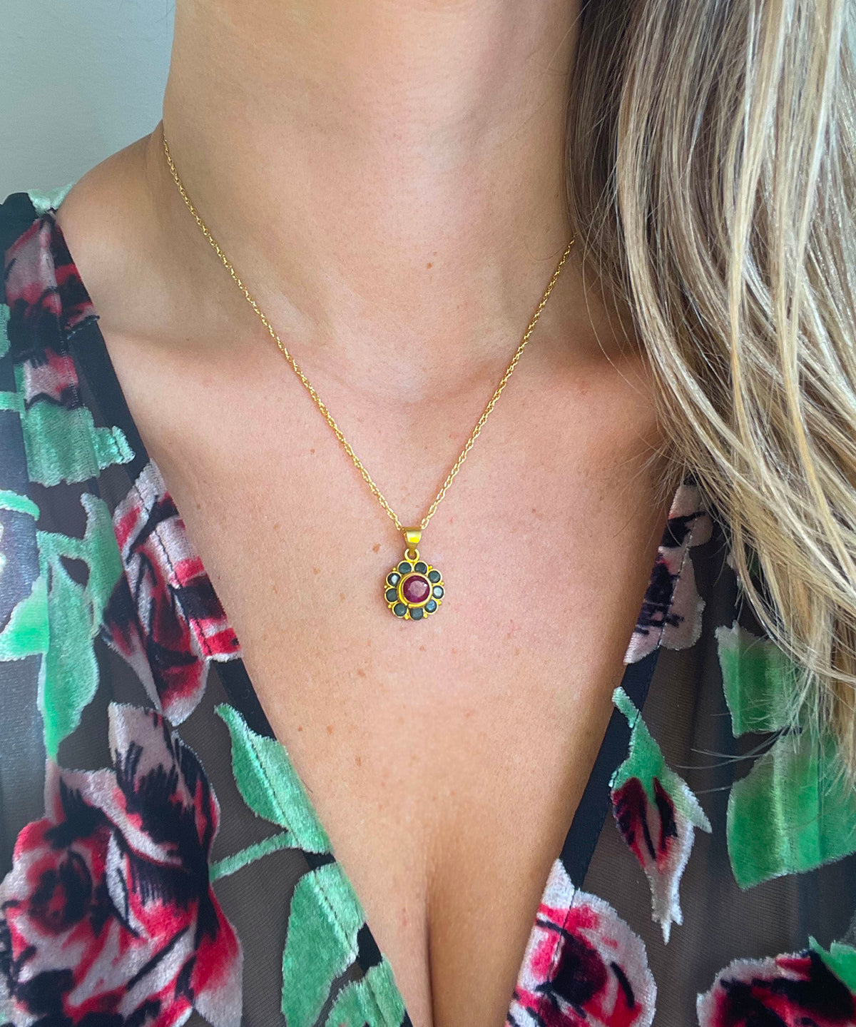 Ruby Emerald Flower Necklace