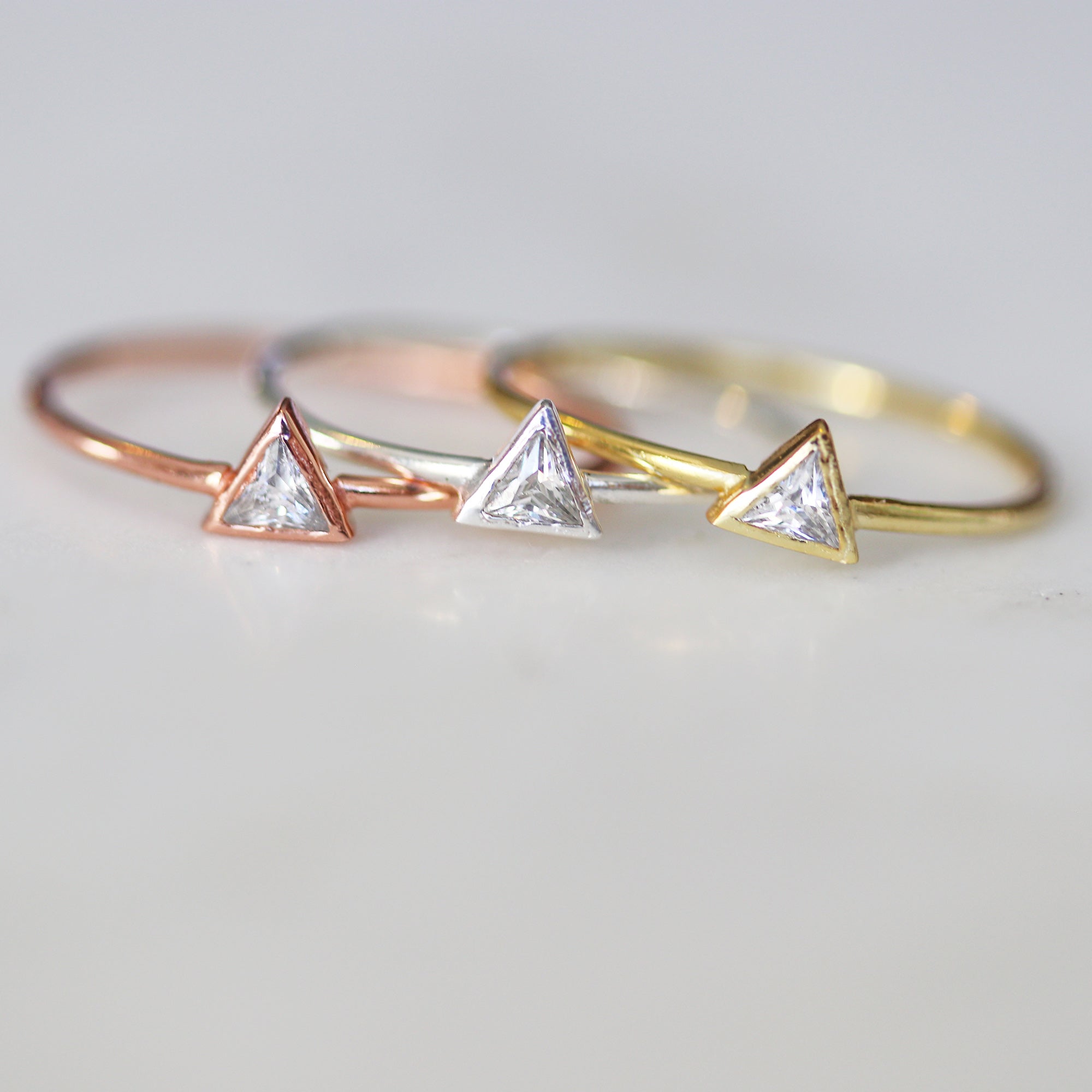 tiny triangle stacker ring 14k gold rose gold plated 925 silver cubic zirconia